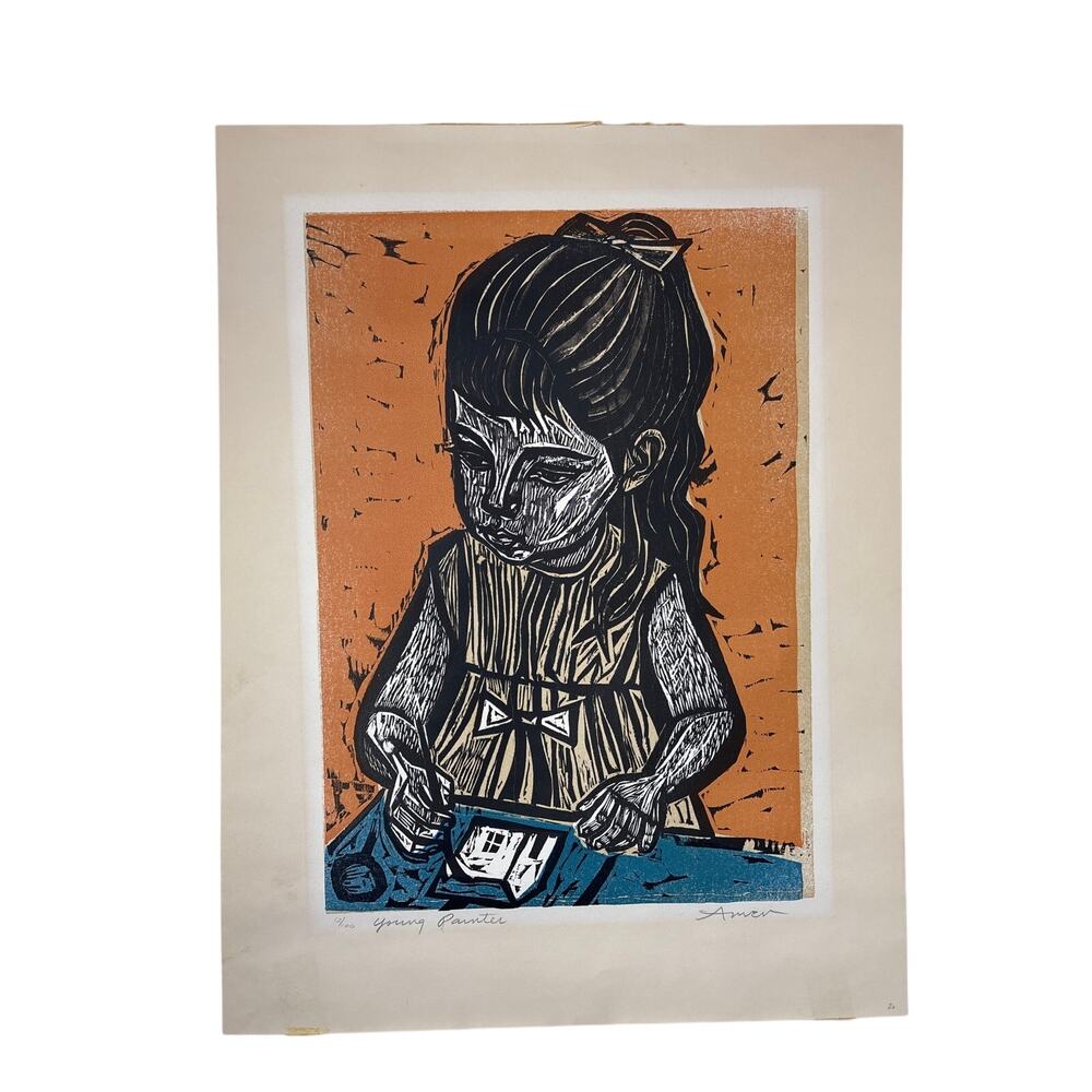 Irving Amen Signed Woodcut “Young Painter” 12/100 Ltd. Ed. Mid-Century-Mod Print